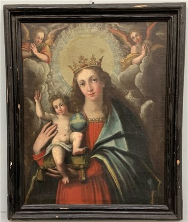 Ignoto "Madonna con Bambino e angeli" antico dipinto ad olio su tela (cm 66x52)