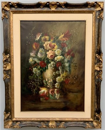 Ignoto del XIX Secolo "Vaso di fiori" olio su tela (cm 70x50) In cornice