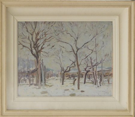 Roberto Aloi "Paesaggio innevato" 1964, olio su compensato (cm 24.5x32) Firmato