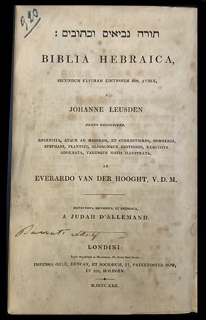 [EBRAICA] Biblia Ebraica. Londra: Ogle, Duncan, 1822. 4to, testo in ebraico. Le