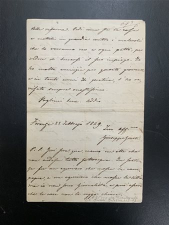 GIUSTI, Giuseppe. Lettera autografa datata 22 Febbraio 1849.