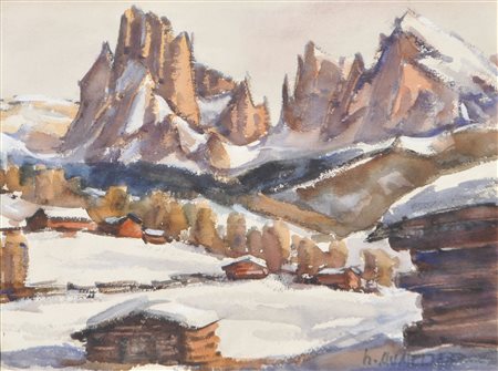 Hubert Mumelter Alpe di Siusi in inverno;Acquerello, 35,5 x 47,5 cm, in...