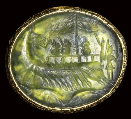 Gold cufflinks with silver gem-impression. A roman green chalcedony intaglio. Warship with dolphins. 