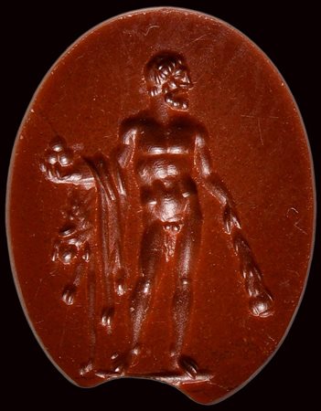 A fine roman red jasper intaglio. Hercules with the apples of Hesperides. 