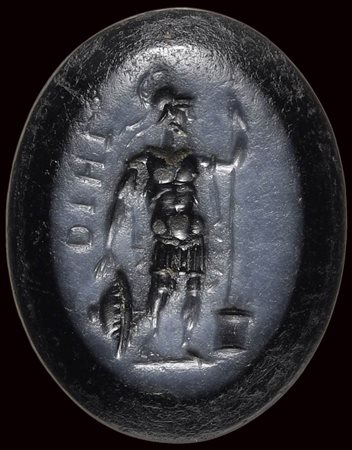 A fine roman nicolo intaglio. Standing Mars.  