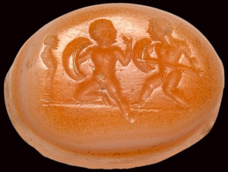 A roman agate intaglio. Two armed pygmies near herm. 