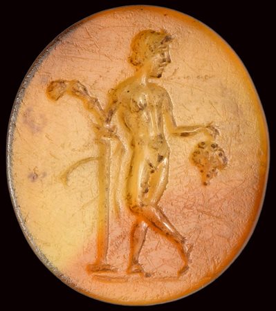 A fine roman carnelian intaglio. Satyr with attributes. 