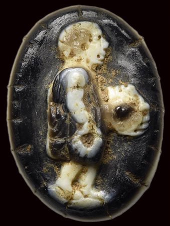 An unusual roman eight-layers banded agate cameo. Actor with mask and laurel wreath. 