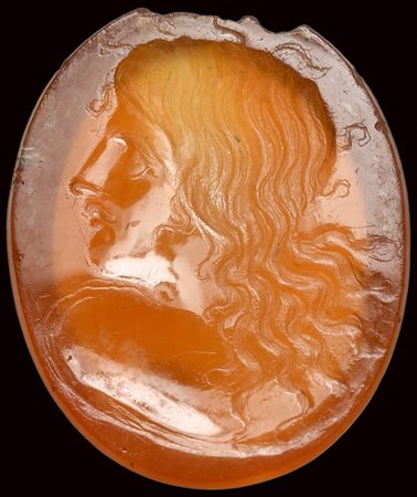 A fine late hellenistic carnelian intaglio. Bust of  Nereid. 