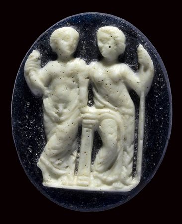 A  large roman blue and white glass  cameo. Bacchus and Ariadne 
