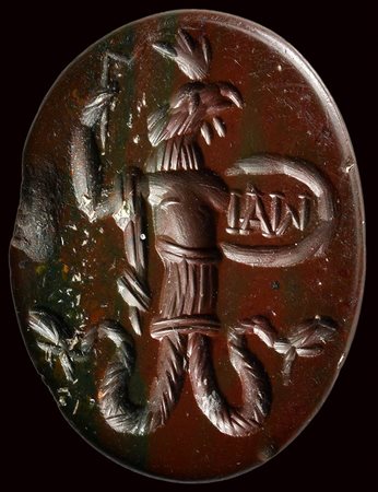 A roman red jasper with dark green inclusions magical intaglio. Anguipes cock.