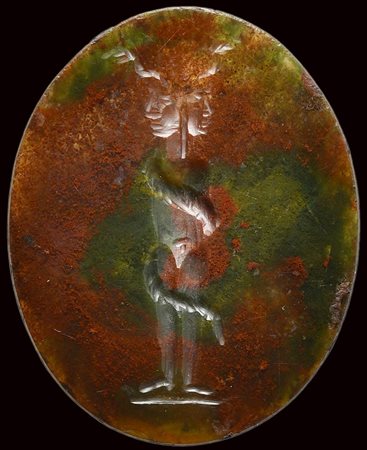 An unusual roman magical agate intaglio with red and green inclusions. Zodiacal representation of Gemini.