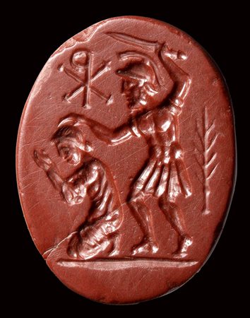 A late roman red jasper intaglio. Martyrum scene with chi-rho.