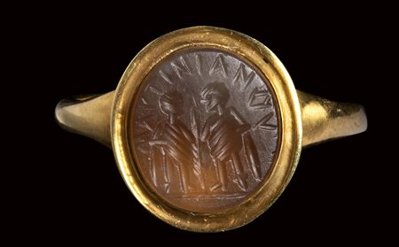 A christian agate intaglio mounted on a modern gold ring.