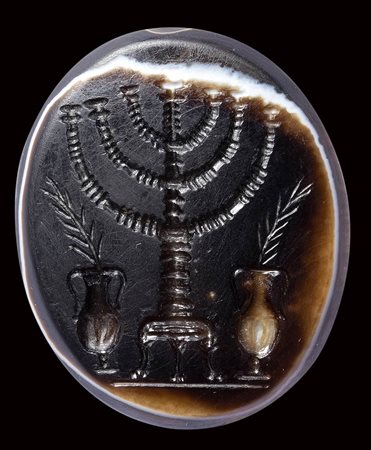 A rare and large roman sardonyx  intaglio. Seven-branched menorah. 