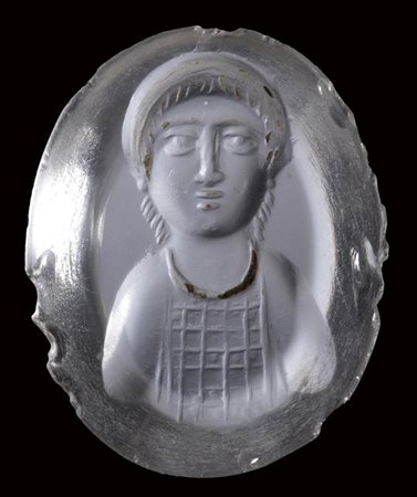 A rare early byzantine-western gothic rock crystal intaglio. Frontal bust of a man.