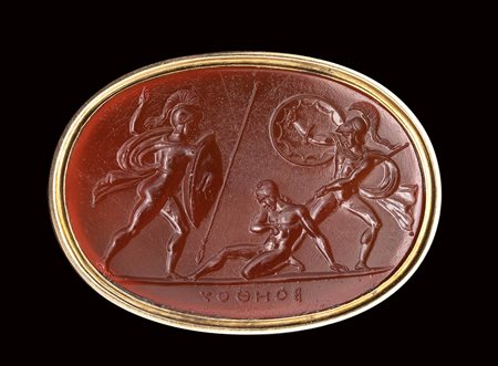 A fine neoclassic Poniatowski carnelian intaglio mounted on a gold ring. Achilles having killed Pilidorus, attacked by Hector.  