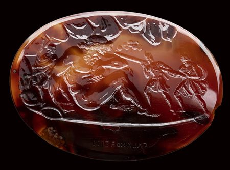 A very fine neoclassical agate intaglio signed Calandrelli. 
Ulysses and his companions blinding the eye of Polyphemus.  