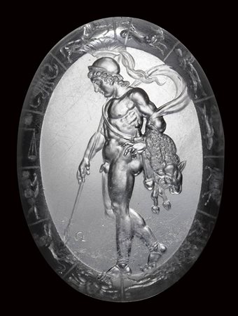 An extraordinary  neoclassical rock crystal intaglio. Jason and zodiac signs.