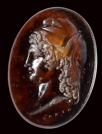 A neoclassical orange glass impression. Bust of Paris.