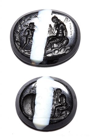 A lot of 2 neoclassical black and white glass impressions. Psyche with Eros - Diogenes. 