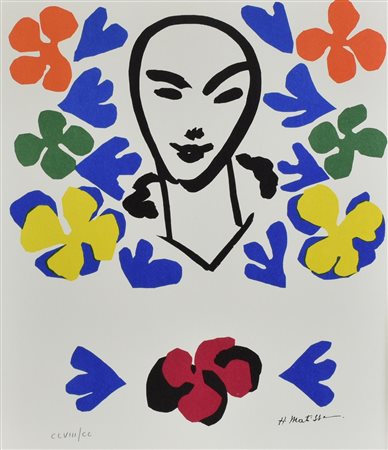 Henri Matisse MASCHERA CON FIORI litografia su carta (d'apres), cm 43x33,5;...