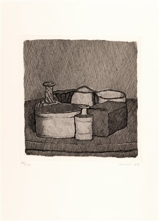 Giorgio Morandi (Bologna 1890-1964)  - Natura morta con quattro oggetti e tre bottiglie, 1956