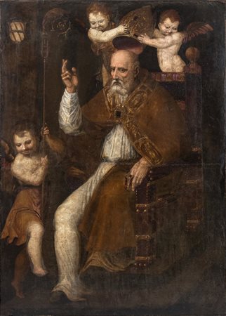Ritratto di cardinale con angeli che tengono la mitria e il pastorale