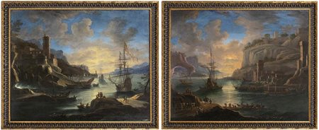 Scena costiera con figure, imbarcazioni e fortificazione -  Marina con l'arrivo dei pescatori, veliero e torri e arco di rocce. Coppia di dipinti