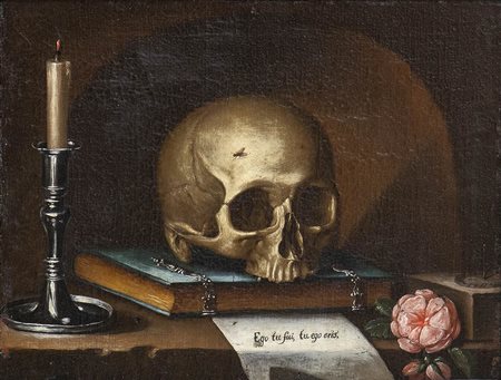 Natura morta di Vanitas con teschio, libro, candela e rosa