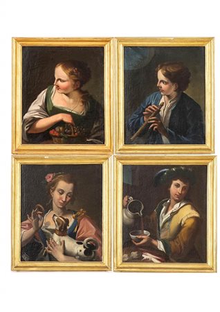 A) Fanciulla con cesto di frutta;  B) Fanciullo con flauto;  C) Giovinetta con cagnolino e ciambella;  D) Oste con brocca e tazza di vino rosso. Serie di quattro dipinti