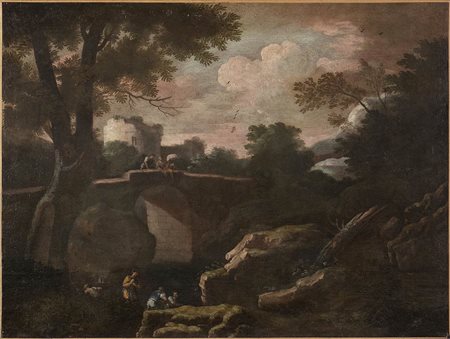 Paesaggio con  ponte, tomba di Cecilia Metella e figure