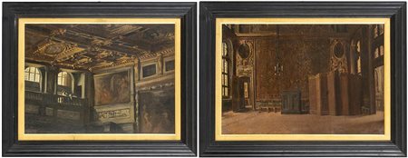 A) Veduta di interno di Palazzo vecchio a Firenze;  B) Veduta di interno di Palazzo Medici Riccardi a Firenze. Coppia di dipinti