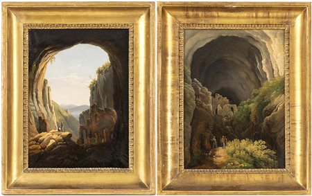Veduta di grande grotta con figure, vegetazione e rovine - Vedutadall'interno della grotta con gola e rilievi sullo sfondo. Coppia di dipinti en pendant