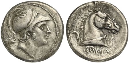 Anonymous, Didrachm, Rome, ca. 241-235 BC; AR (g 6,36; mm 20; h 6); Helmeted...