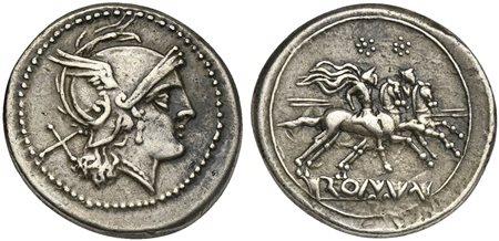 Anonymous, Denarius, Rome, ca. 214-213 BC; AR (g 4,39; mm 20; h 9); Helmeted...
