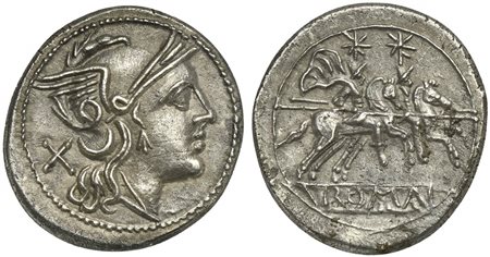 Anonymous, Denarius, Rome, after 211 BC; AR (g 4,48; mm 20; h 11); Helmeted...