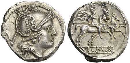 Anonymous, Quinarius, Rome, ca. 211-208 BC; AR (g 2,05; mm 15; h 9); Helmeted...