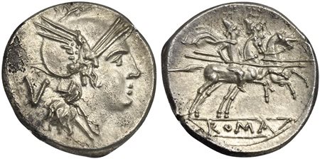 Anonymous, Quinarius, Rome, ca. 211-208 BC; AR (g 1,95; mm 15; h 9); Helmeted...