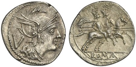 Anonymous, Quinarius, Rome, ca. 211-208 BC; AR (g 2,25; mm 15; h 11);...
