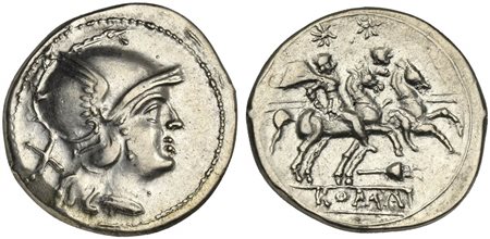 Apex series, Denarius, Rome, ca. 208 BC; AR (g 4,24; mm 19; h 7); Helmeted...