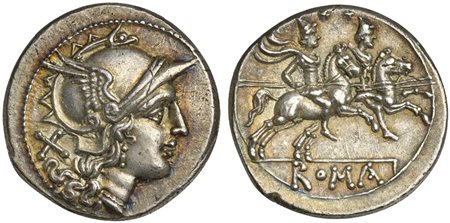 Anonymous, Denarius, Rome, after 211 BC; AR (g 4,13; mm 19; h 9); Helmeted...