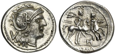 H series, Quinarius, South-East Italy, ca. 211-210 BC; AR (g 2,21; mm 16; h...