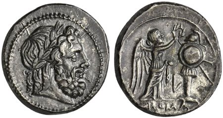 L series, Victoriatus, Luceria, ca. 214-208 BC; AR (g 3,24; mm 17; h 8);...