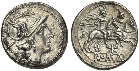 Star (first) series, Denarius, Rome, ca. 206-195 BC; AR (g 4,22; mm 18; h 1);...