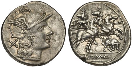 Butting Bull series, Denarius, Rome, ca. 206-195 BC; AR (g 3,47; mm 19; h...