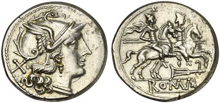 Rudder series, Denarius, Rome, ca. 206-195 BC; AR (g 4,28; mm 19; h 8);...