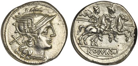 Anonymous, Denarius, Rome, ca. 189-180 BC; AR (g 3,98; mm 18; h 7); Helmeted...