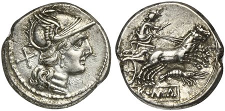 Prawn series, Denarius, Rome, ca. 179-170 BC; AR (g 3,97; mm 18; h 12);...