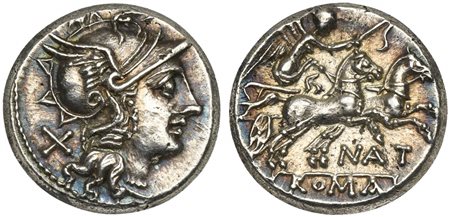 Pinarius Natta, Denarius, Rome, 155 BC; AR (g 4,02; mm 17; h 8); Helmeted...
